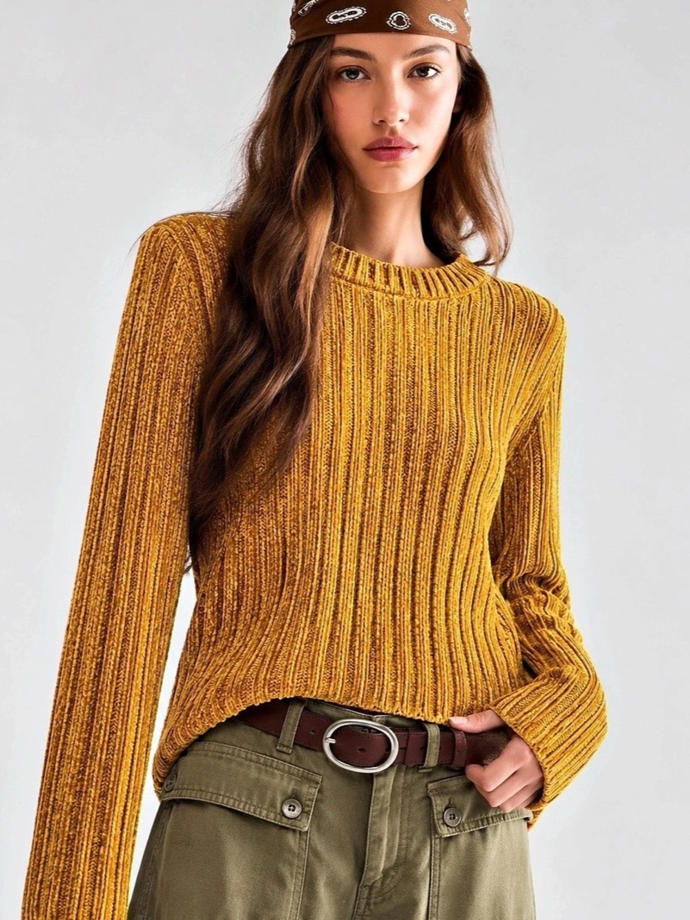390. Ribbed Crewneck Sweater in Orange Size Small